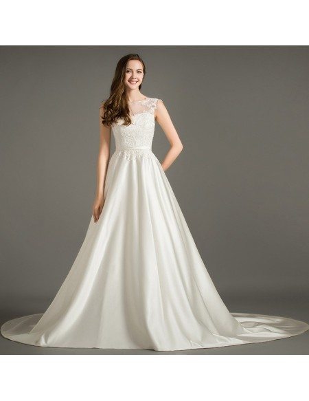 Elegant A-Line Scoop Neck Court Train Satin Wedding Dress With Appliques Lace