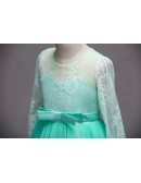 Vintage Champagne Long Sleeve Tulle Lace Flower Girl Dress