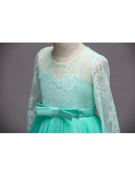 Vintage Champagne Long Sleeve Tulle Lace Flower Girl Dress