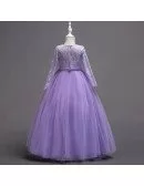 Lavender Beaded Winter Flower Girl Dress with Long Lace Sleeves