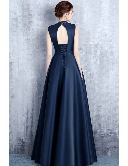 Unique Navy Blue Beaded High Neck Prom Dress Satin Formal Dress with Keyhole Back