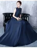 Unique Navy Blue Beaded High Neck Prom Dress Satin Formal Dress with Keyhole Back
