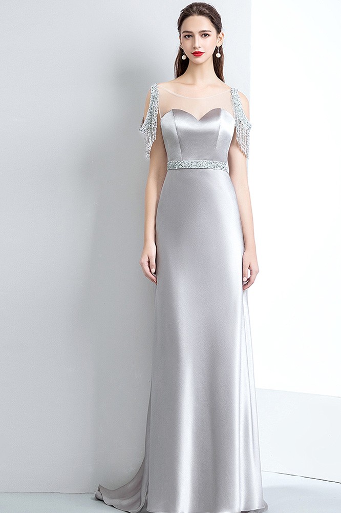 silver satin dress long