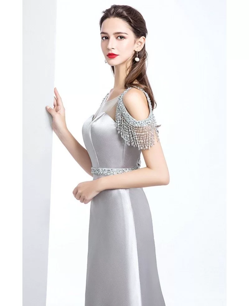 Classy Silver Satin Prom Evening Dress Open Back with Sequins Sleeves ...