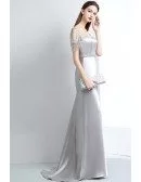 Classy Silver Satin Prom Evening Dress Open Back with Sequins Sleeves