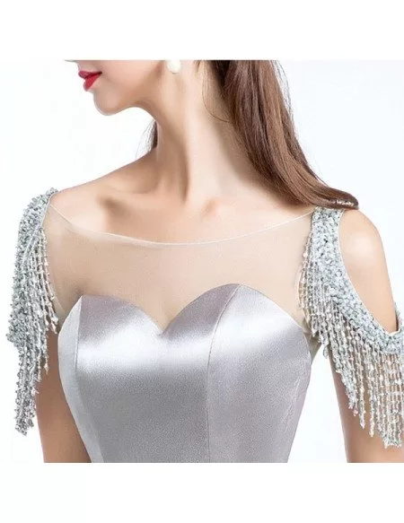 Classy Silver Satin Prom Evening Dress Open Back with Sequins Sleeves