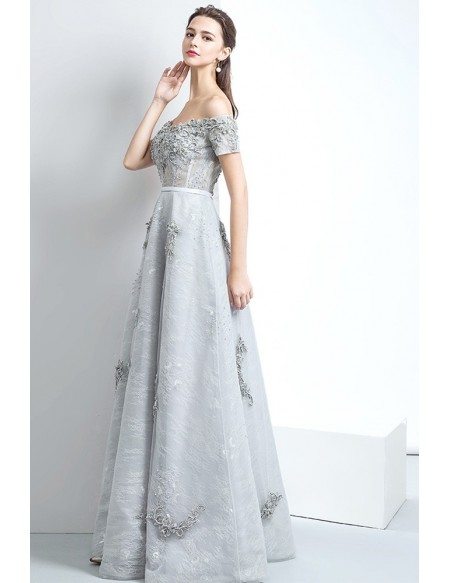 Gorgeous Beaded Off Shoulder Grey Prom Dress Long with Lace