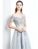 Gorgeous Beaded Off Shoulder Grey Prom Dress Long with Lace