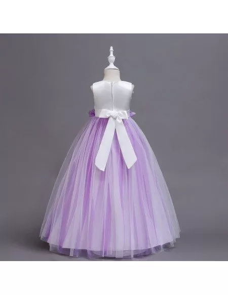 Princess Purple Long Tulle Flower Girl Dress with Floral Bodice