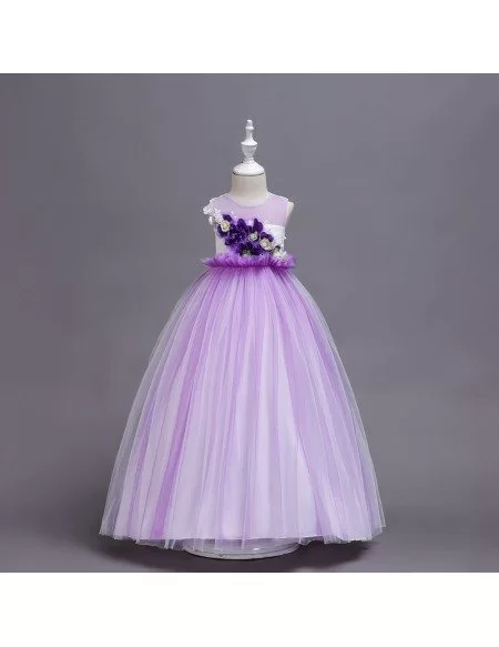 Princess Purple Long Tulle Flower Girl Dress with Floral Bodice