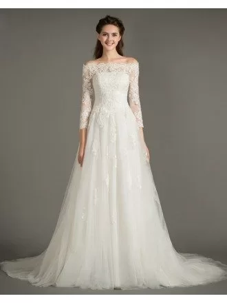 Dereamy A-Line Off-the-Shoulder Court Train Tulle Wedding Dress With Appliques Lace