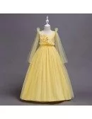 Country Long Sleeves Yellow Flower Girl Dress with Applique