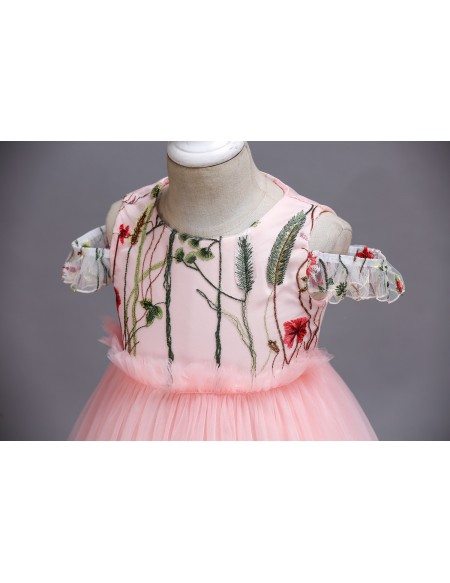 Unique Embroidery Toddler Red Party Dress with Off Shoulder Straps