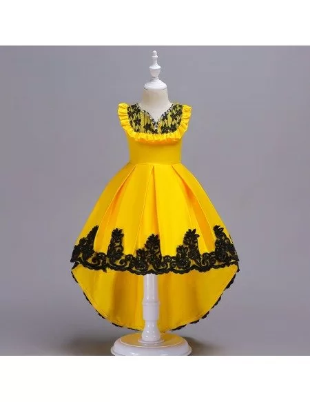 $37.9 Hi Lo Yellow with Black Lace Satin Flower Girl Dress For Juniors  #QX-728 - GemGrace.com