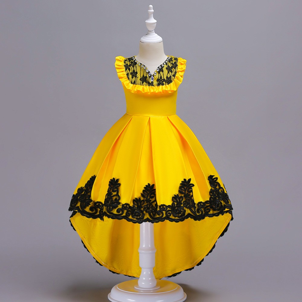 $37.9 Hi Lo Yellow with Black Lace Satin Flower Girl Dress For Juniors ...