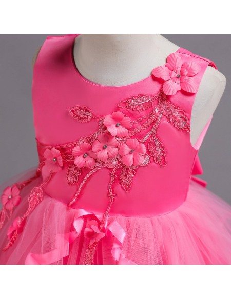 Cheap Applique Rose Short Kid Flower Girl Dress with Lace Hem