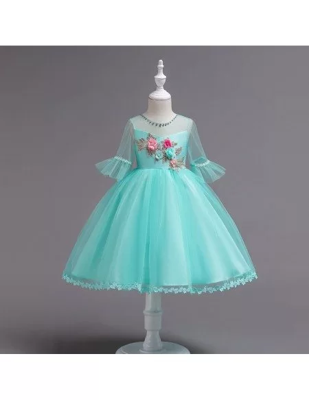 Floral Short Teal Teen Flower Girl Dress with Sleeves For Cheap