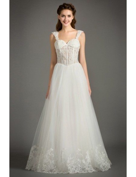 Feminine A-Line Sweetheart Floor-Length Tulle Wedding Dress With Appliques Lace