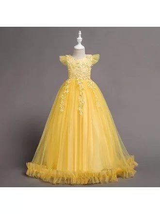 Cheap Princess Yellow Long Flower Girl Dress with Applique Lace