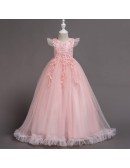 Cheap Princess Yellow Long Flower Girl Dress with Applique Lace