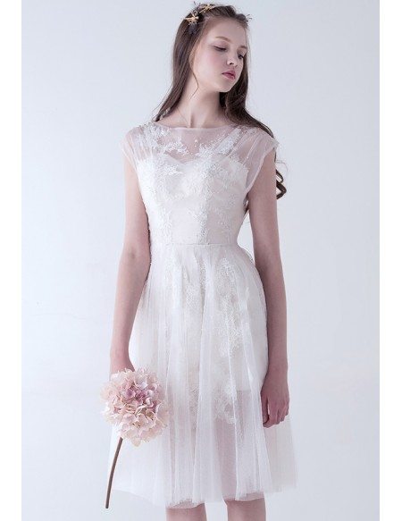 Simple A-Line Scoop Neck Knee-Length Lace Tulle Wedding Dress