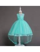 High Low Aqua Applique Lace Flower Girl Dress For Fall Wedding