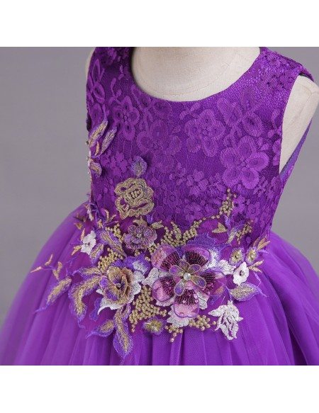 Short Purple Applique Lace Flower Girl Dress For 2019 Juniors