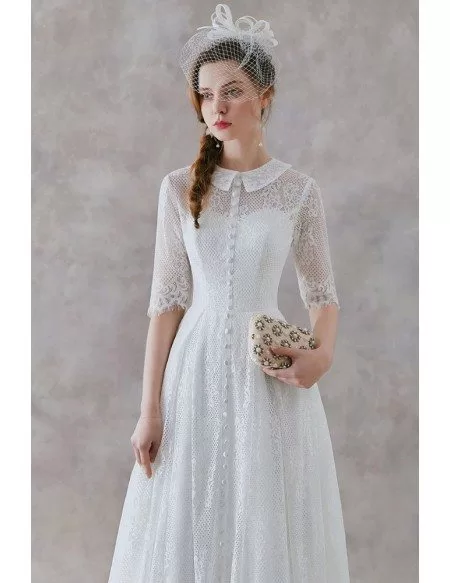 French Vintage Lace Tea Length Wedding Dress With Collar Half Sleeves