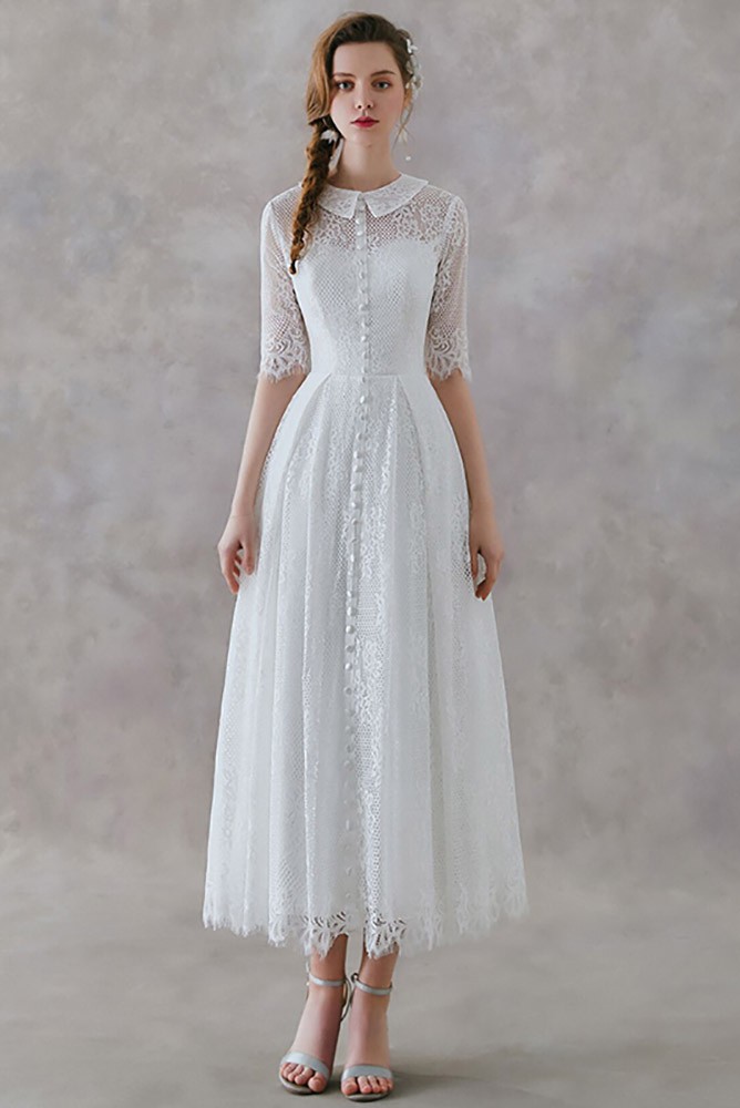 French Vintage Lace Tea Length Wedding Dress With Collar Half 