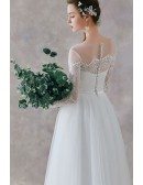 Gorgeous Lace 3/4 Sleeves Long Tulle Beach Wedding Dress With Sheer Neckline