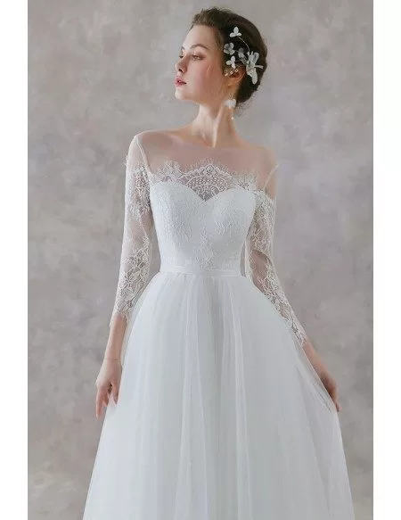 Gorgeous Lace 3/4 Sleeves Long Tulle Beach Wedding Dress With Sheer Neckline