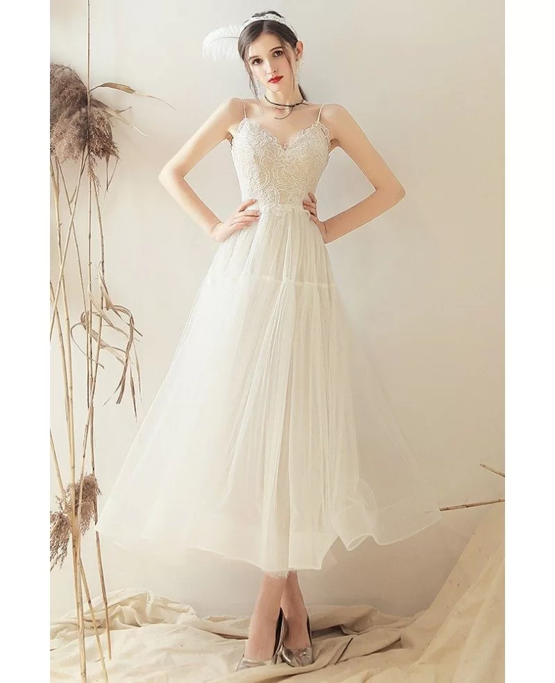 Retro Vintage Style Tea Length Wedding Dress Open Back With Spaghetti