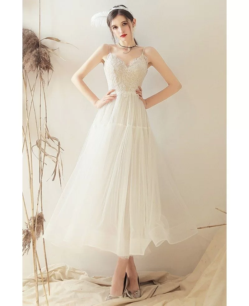 Retro Vintage Style Tea Length Wedding Dress Open Back With Spaghetti Straps YS605 GemGrace