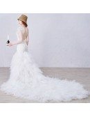 Sexy Mermaid V-neck Chapel Train Tulle Wedding Dress With Appliques Lace