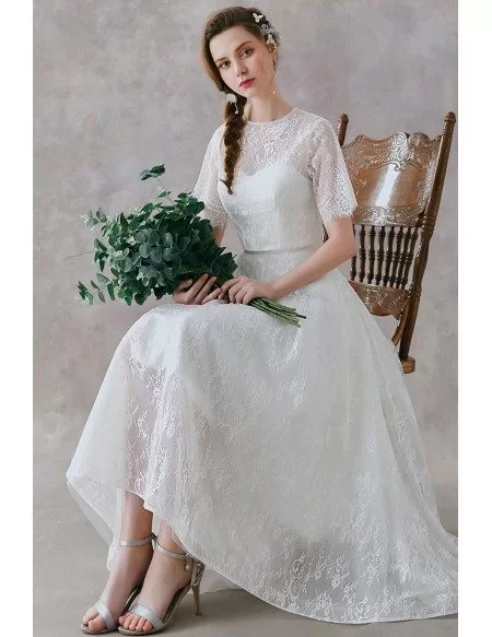 Retro High Low Lace Two Pieces Wedding Dress Tea Length For Country Outdoor Weddings