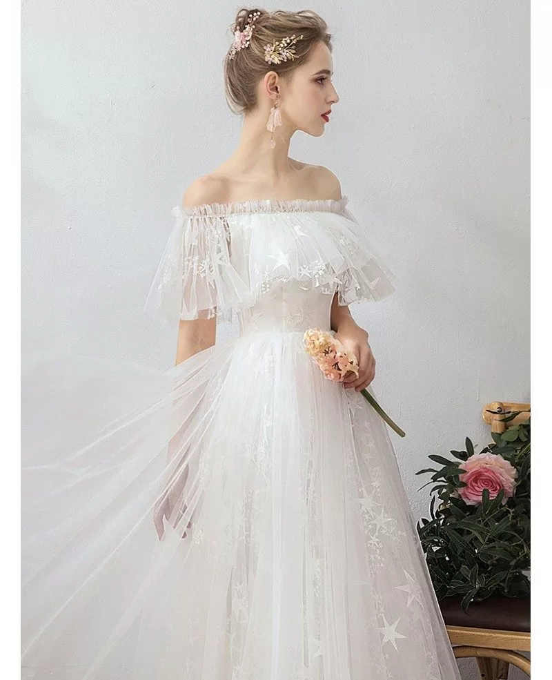 Cute Off Shoulder Star Long Tulle Wedding Dress For Reception Party # ...