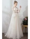 French Romantic Polka Dot Vintage Wedding Dress With Long Sleeves Sweep Train