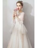 French Romantic Polka Dot Vintage Wedding Dress With Long Sleeves Sweep Train
