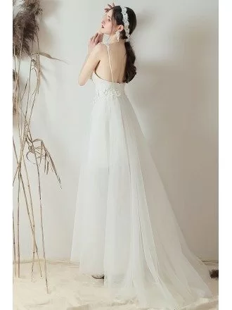 Pretty Floral Straps Aline Tulle Wedding Dress Backless