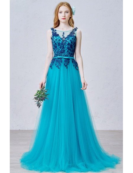 Romantic A-Line Scoop Neck Sweep Train Tulle Prom Dress With Appliques Lace