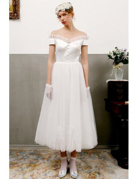 Vintage Satin And Tulle Tea Length Wedding Dress Off Shoulder