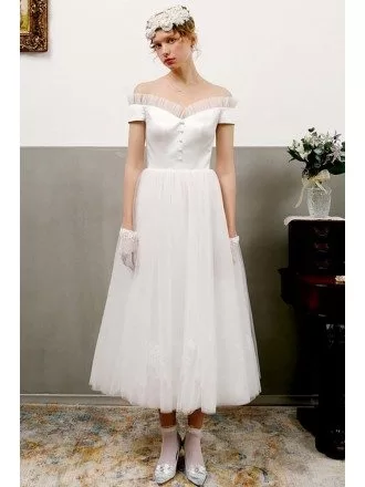 Vintage Satin And Tulle Tea Length Wedding Dress Off Shoulder