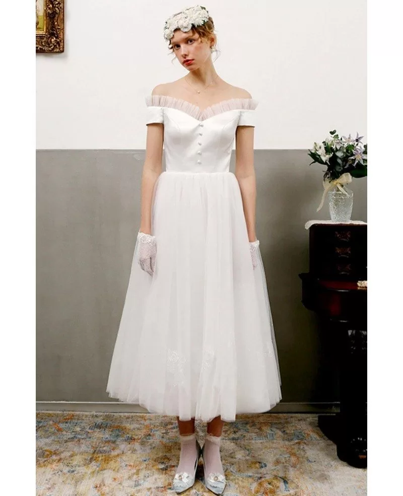 white off the shoulder tea length dress
