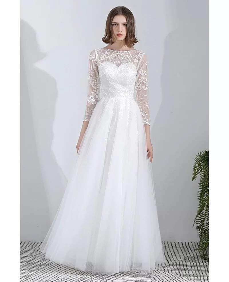 Leaf Lace Long Tulle Wedding Dress Aline With 3/4 Sleeves #YS619 