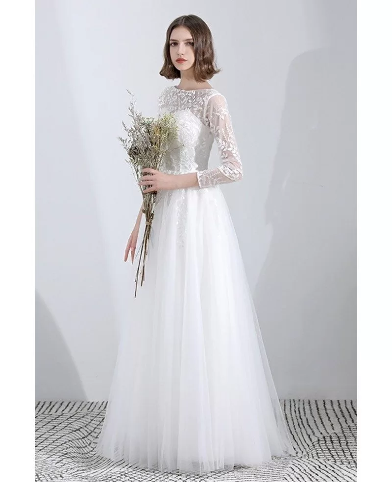 Leaf Lace Long Tulle Wedding Dress Aline With 3/4 Sleeves #YS619 ...