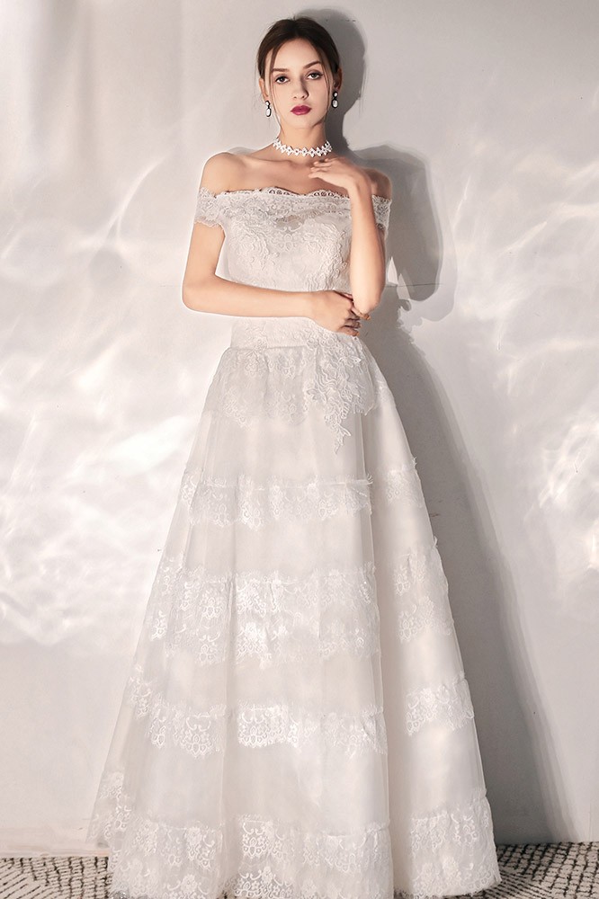 Romantic Lace Off Shoulder Wedding Dress Floor Length #YS622 - GemGrace.com