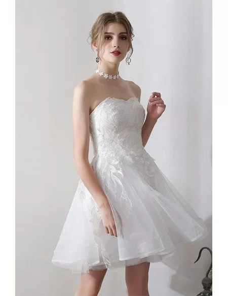Cute Short Leaf Lace Strapless Wedding Dress With Laceup