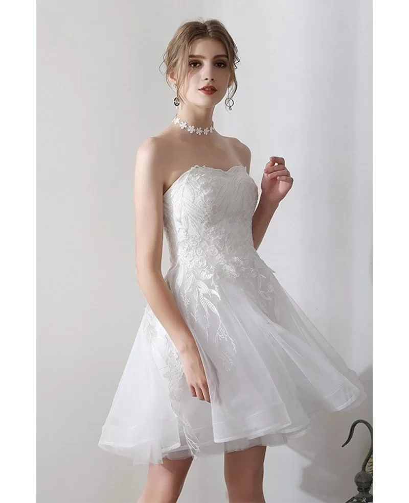 Cute Short Leaf Lace Strapless Wedding Dress With Laceup 