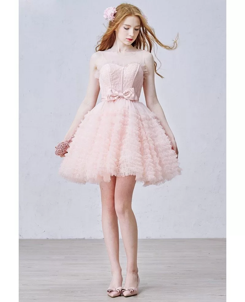 Pink Lace Short Tulle Homecoming Dresses Party Dresses with Cap Sleeves  PG138 – Pgmdress