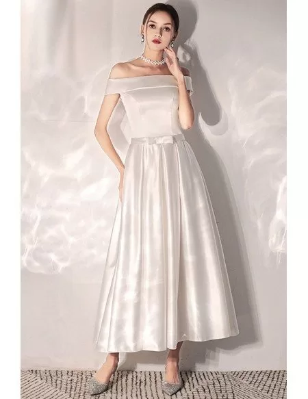 Vintage Chic Tea Length Satin Wedding Dress With Off Shoulder